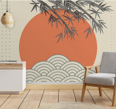 Zen wall mural bamboo and orange sun - TenStickers