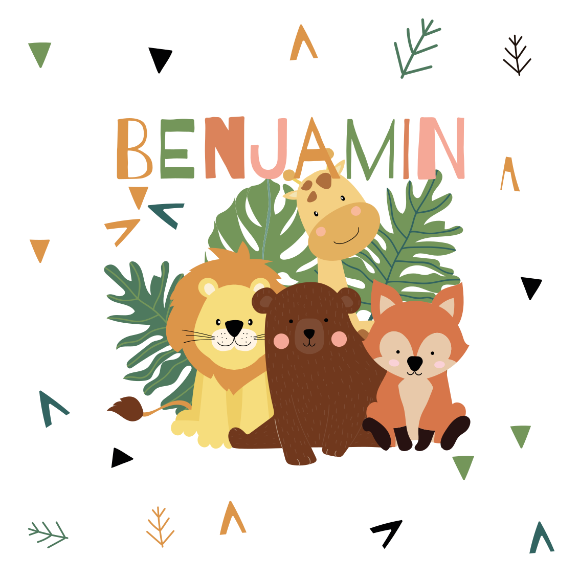 Nursery poster featuring cute wild animals and leaves - TenStickers
