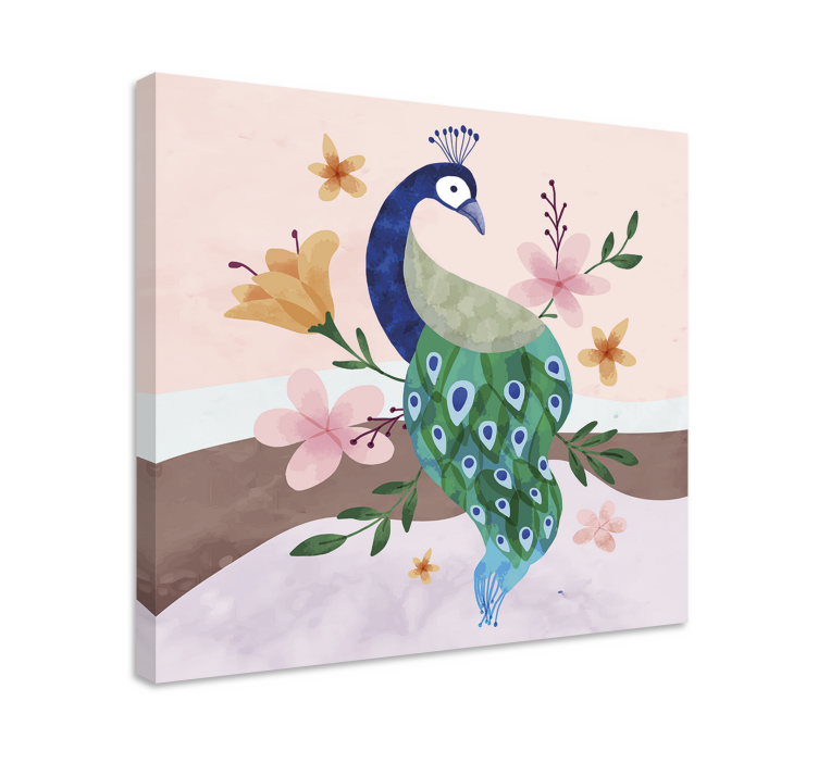 Peacock with flowers  feather canvas wall art - TenStickers