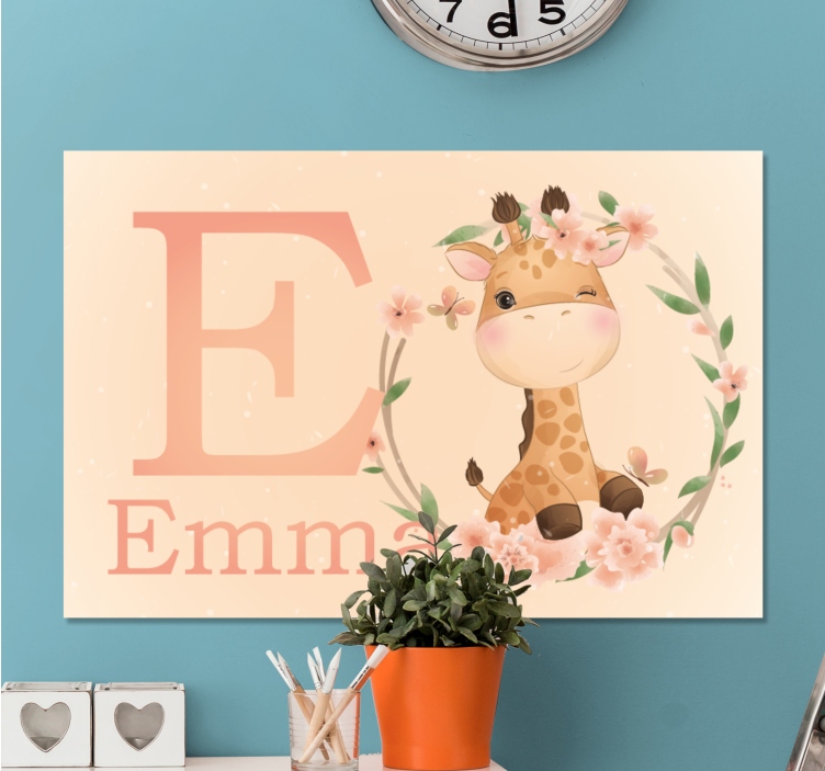 Giraffe with floral initial childrens wall art canvas - TenStickers