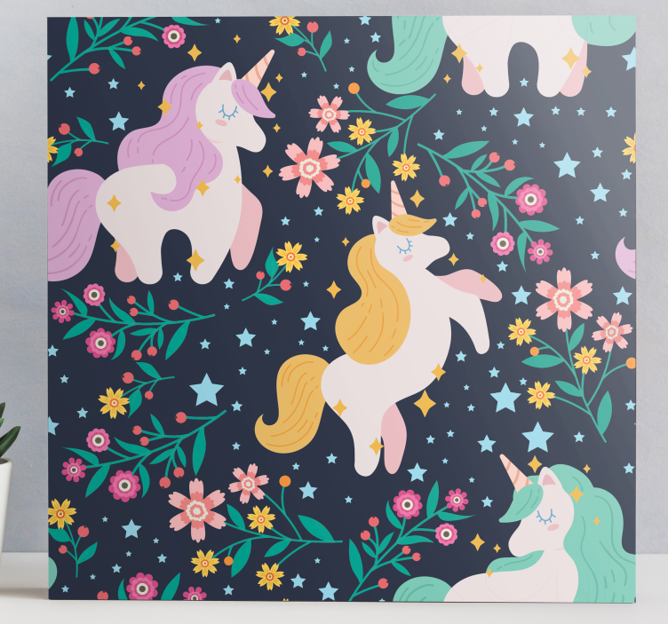 Flowers and stars unicorn wall print - TenStickers