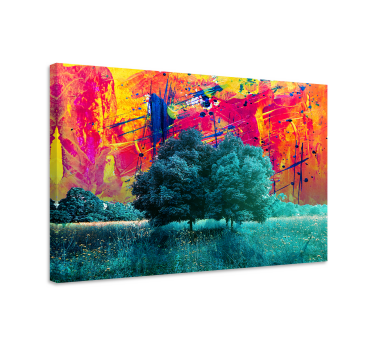 Colorful field landscape with trees modern art prints on canvas - TenStickers