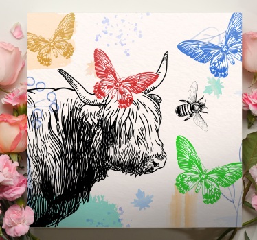 Animal canvas wall art highland cow and butterflies - TenStickers