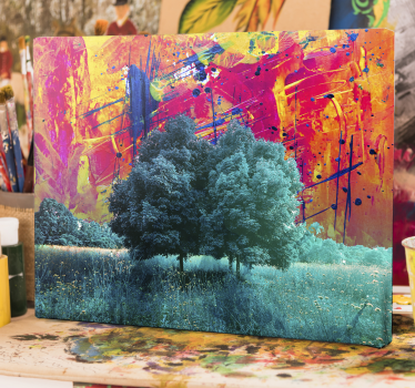 Colorful field landscape with trees modern art prints on canvas - TenStickers