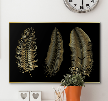 Golden feathers black background canvas print - TenStickers