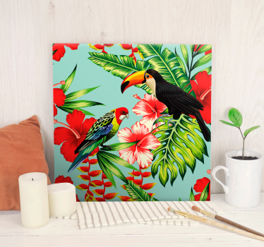 Tropical red flowers bird canvas wall art - TenStickers