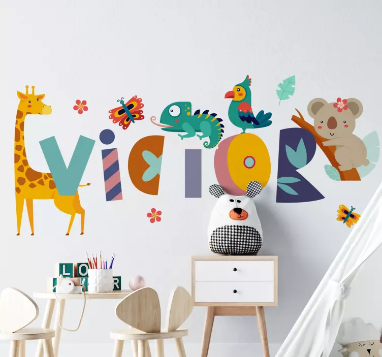 Animals and child name illustration sticker - TenStickers
