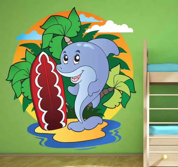 Beach Dolphin Surfer Kids Sticker - TenStickers