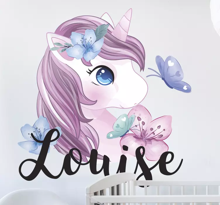 Personalised unicorn with butterfly animal wall sticker - TenStickers