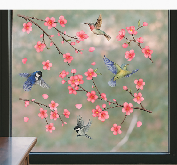 Birds on branches with flowers window sticker - TenStickers