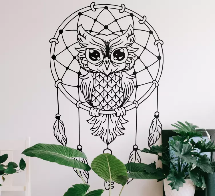 Black owl with dream catcher bird wall sticker - TenStickers
