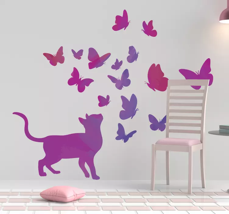 Cat with set of purple butterfly wall sticker - TenStickers