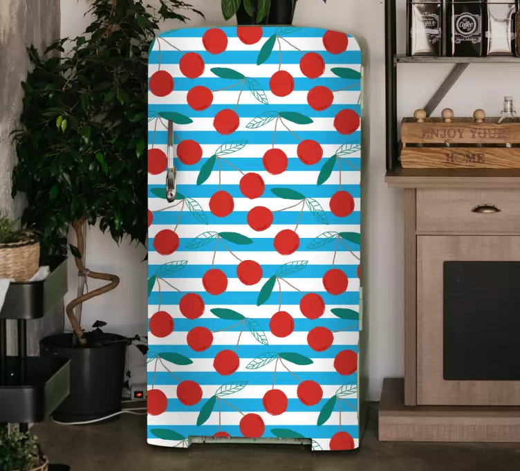 Cherry pattern with blue stripes fridge sticker - TenStickers