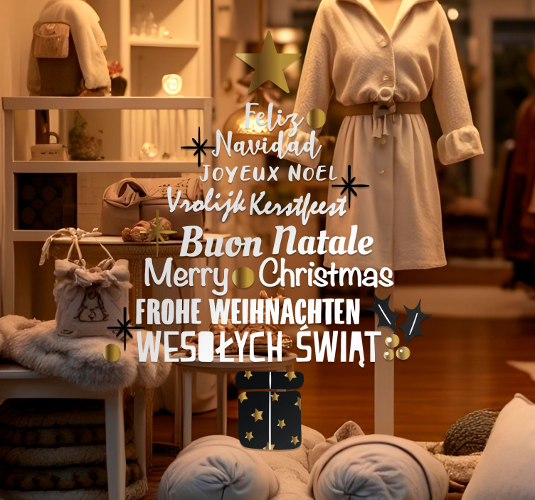 Christmas tree in different languages shop window sticker - TenStickers