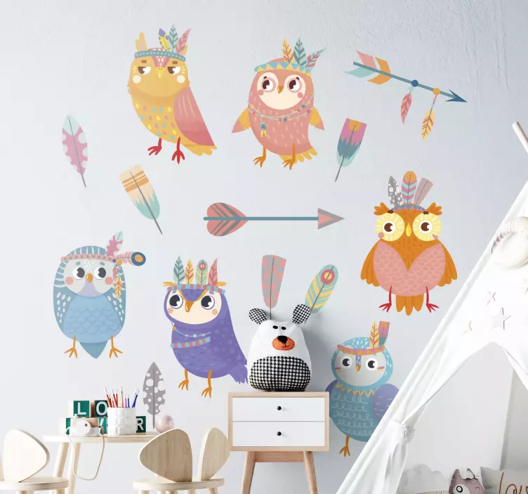 Colorful baby owls illustration sticker - TenStickers