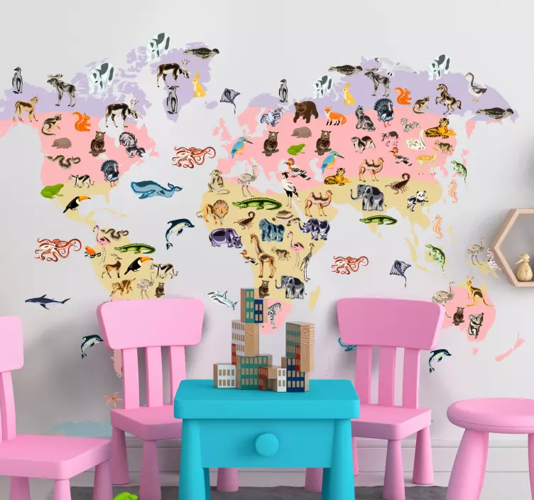 Colorful animals and plants world map sticker - TenStickers