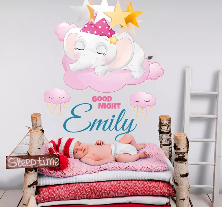 Cute elephant for girl with name wall sticker - TenStickers