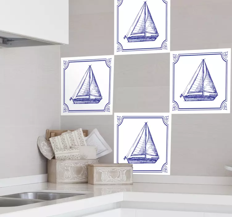 Delfts blue sailboat tile sticker - TenStickers
