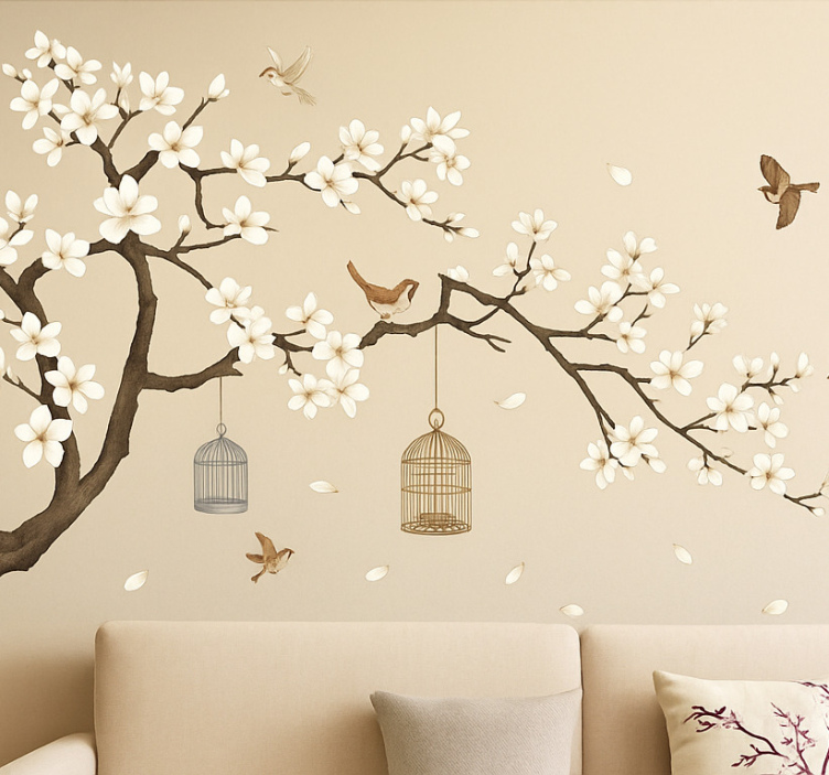 Floral Tree with birds living room wall sticker - TenStickers