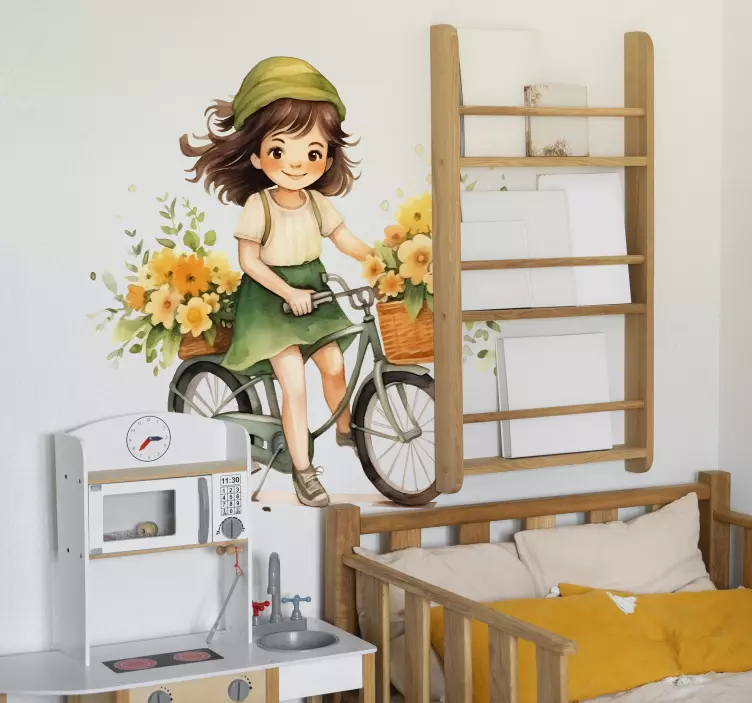 girl riding a bike illustration sticker - TenStickers