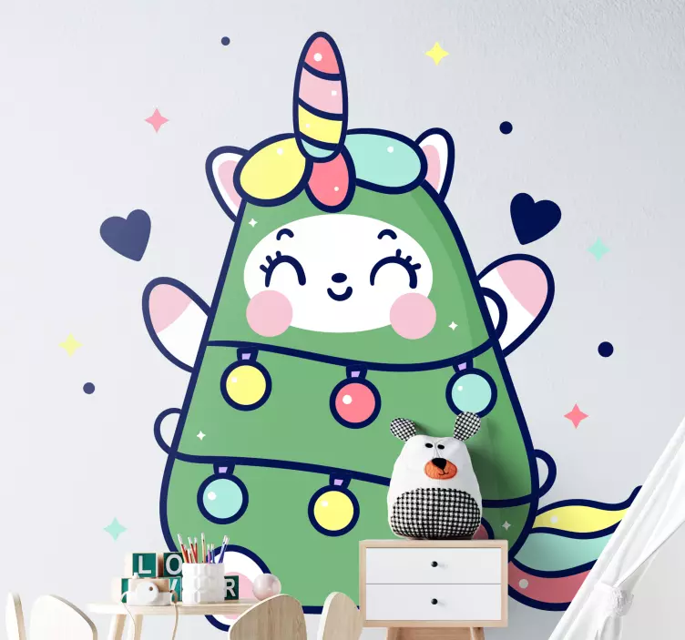 Happy cute unicorn christmas tree sticker - TenStickers