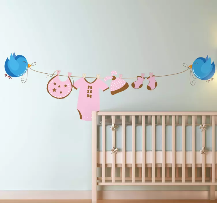 Kids Girl Bird Washing Line Wall Sticker - TenStickers
