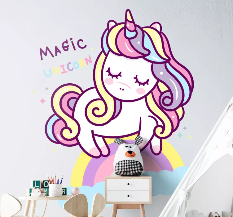 Magic cartoon unicorn on rainbow fairy decal - TenStickers
