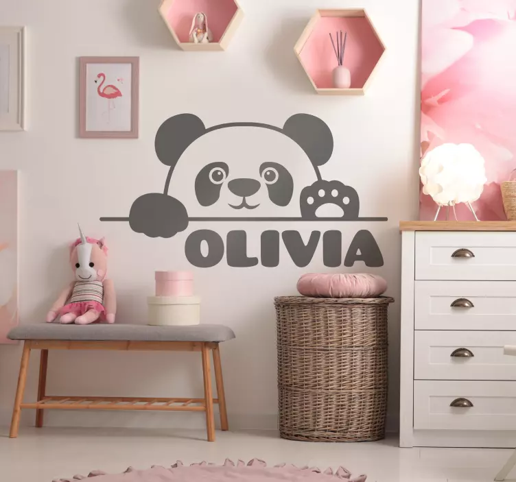 Peered baby panda with name nursery decal - TenStickers