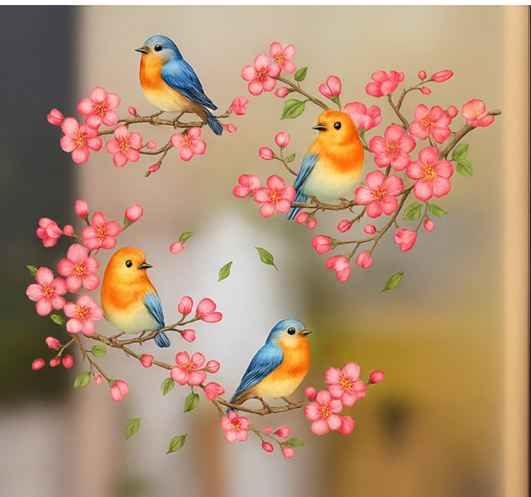 Pink flowers and birds window sticker - TenStickers