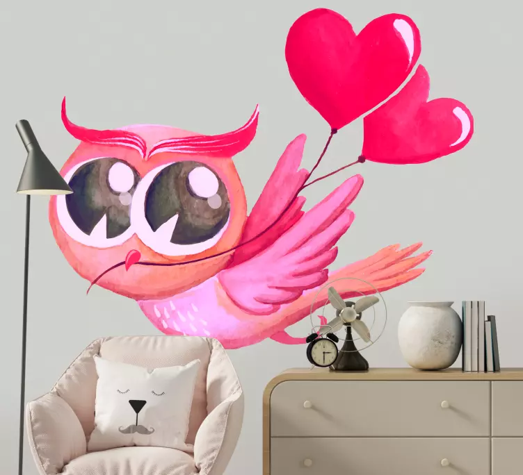 Pink owl with heart balloon bird sticker - TenStickers