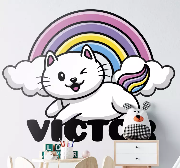Rainbow personalized name cat sticker - TenStickers