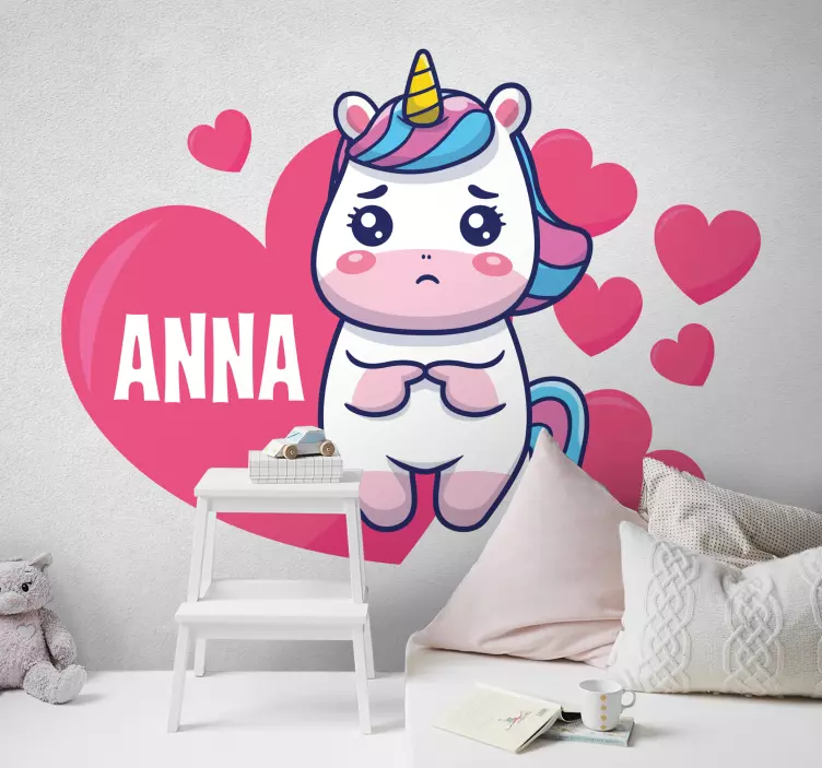 Sad unicorn with hearts  Personalised Sticker - TenStickers
