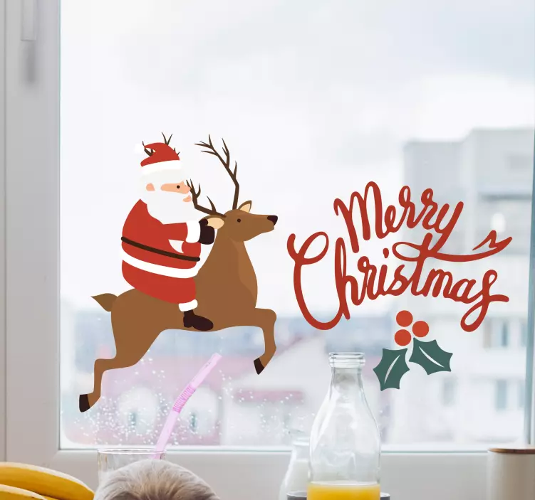 Santa claus with reindeer design window decal - TenStickers