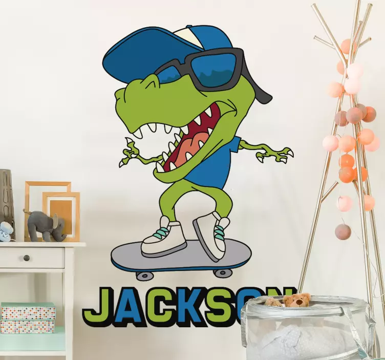 SKATEBOARDING DINOSAUR WITH NAME wall sticker - TenStickers