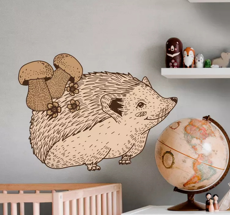 Sketch cute baby hedgehog and mushrooms sticker - TenStickers