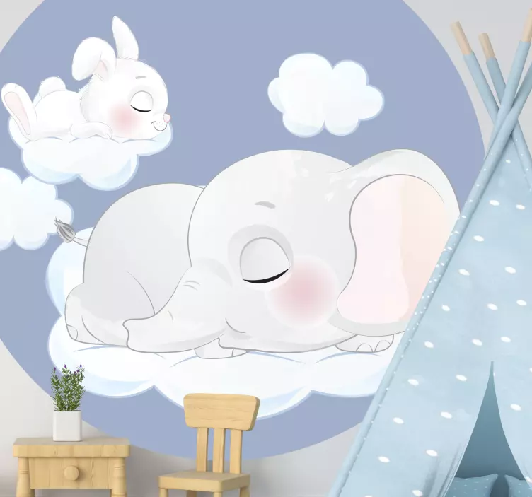 Sleeping rabbit and elephant on clouds sticker - TenStickers