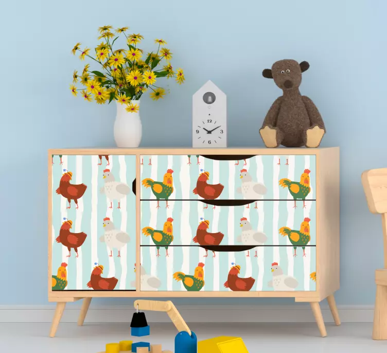 Stripe pattern with roosters furniture sticker - TenStickers