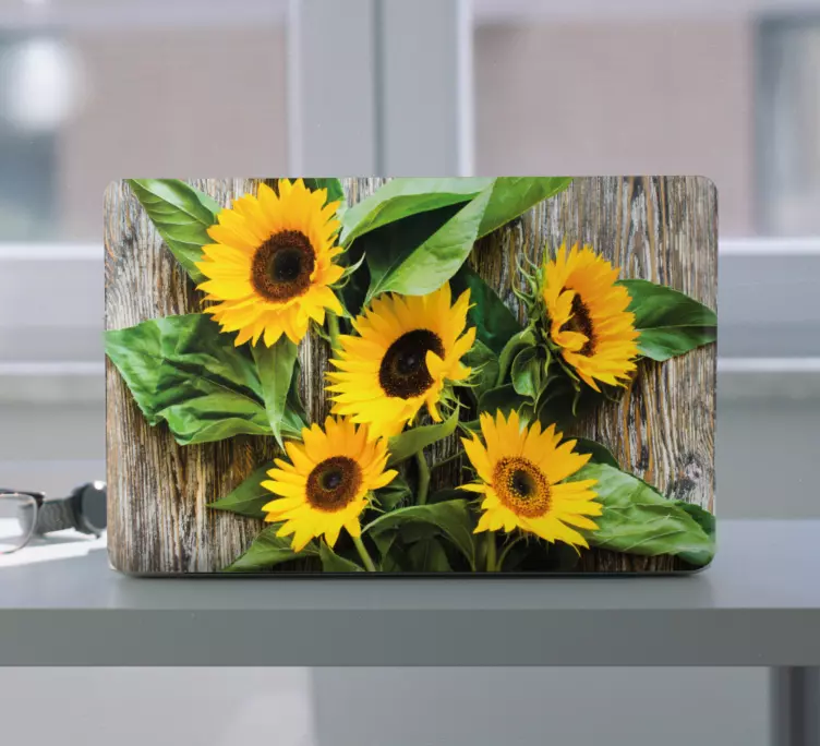 Sunflowers with wood planks laptop skins - TenStickers