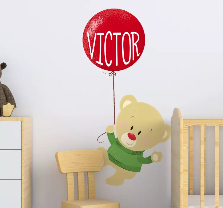 Personalized name teddy bear sticker with balloon - TenStickers