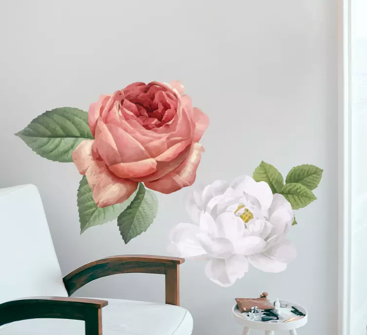 White and pink roses flower wall sticker - TenStickers