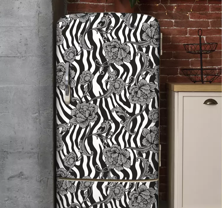 Zebra print ornamental flowers fridge sticker - TenStickers