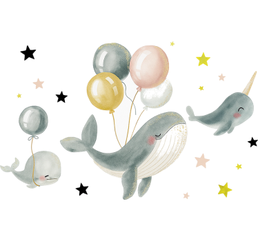 Happy whales with balloons wall mural sticker - TenStickers