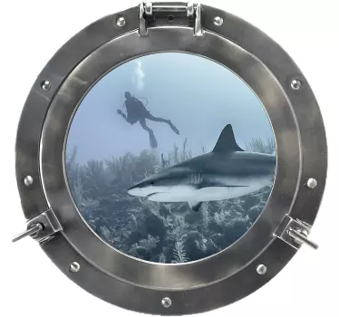 Shark through the window with fish 3d visual effects sticker - TenStickers