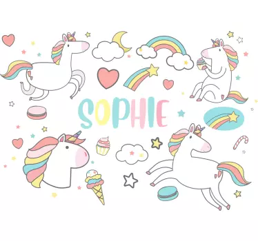 4 unicorn surrounding the name  cinema decal - TenStickers