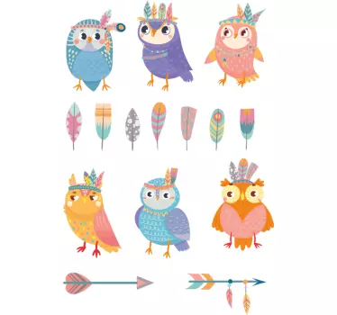 Colorful baby owls illustration wall art decal - TenStickers