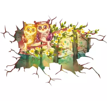 Trompe l'oeil owls landscape illustration wall art - TenStickers