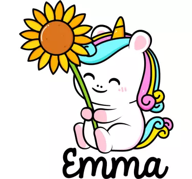Location sticker happy unicorn holding sunflower - TenStickers