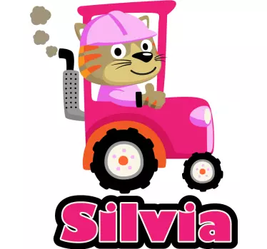 Pink tractor with kitty and name  Custom Sticker - TenStickers