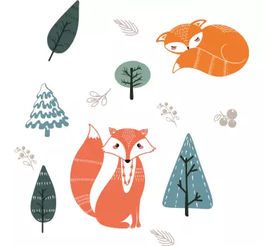 Nordic foxes with trees illustration wall art - TenStickers