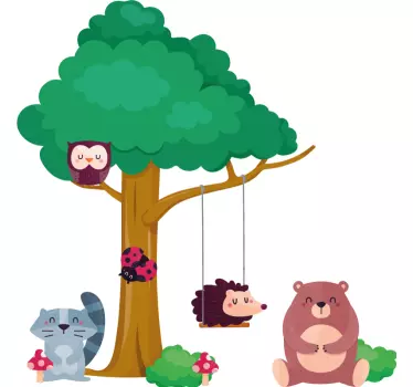 Forest animals around a swing illustration wall art - TenStickers